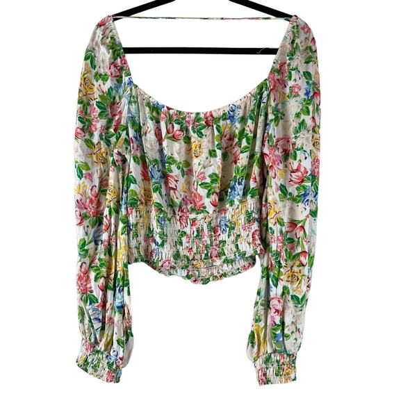 Afrm Cropped Floral Top Womens 1X Pink Green Balloon Long Sleeve Smocked - Picture 10 of 13